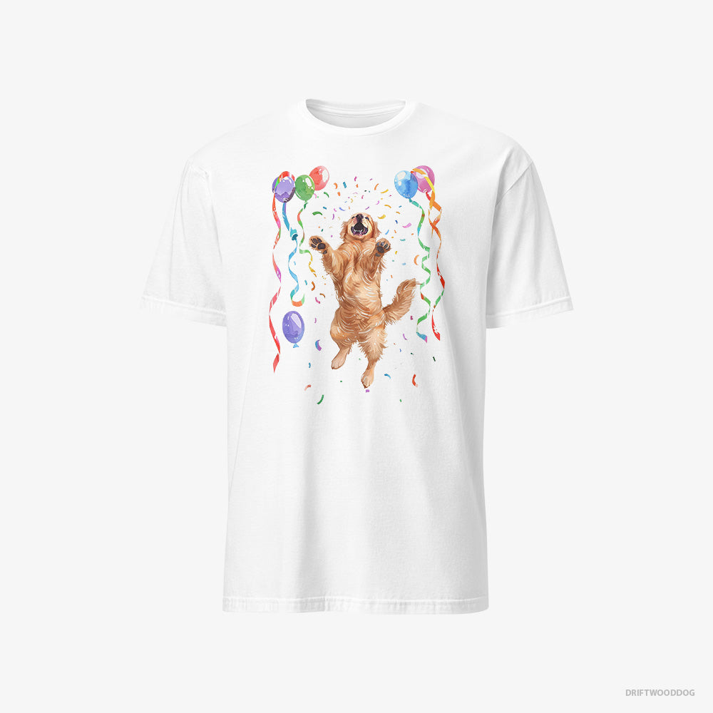 Golden Retriever T-Shirt – Men White T-Shirt Classic – Jumping with Balloons (on White Background)