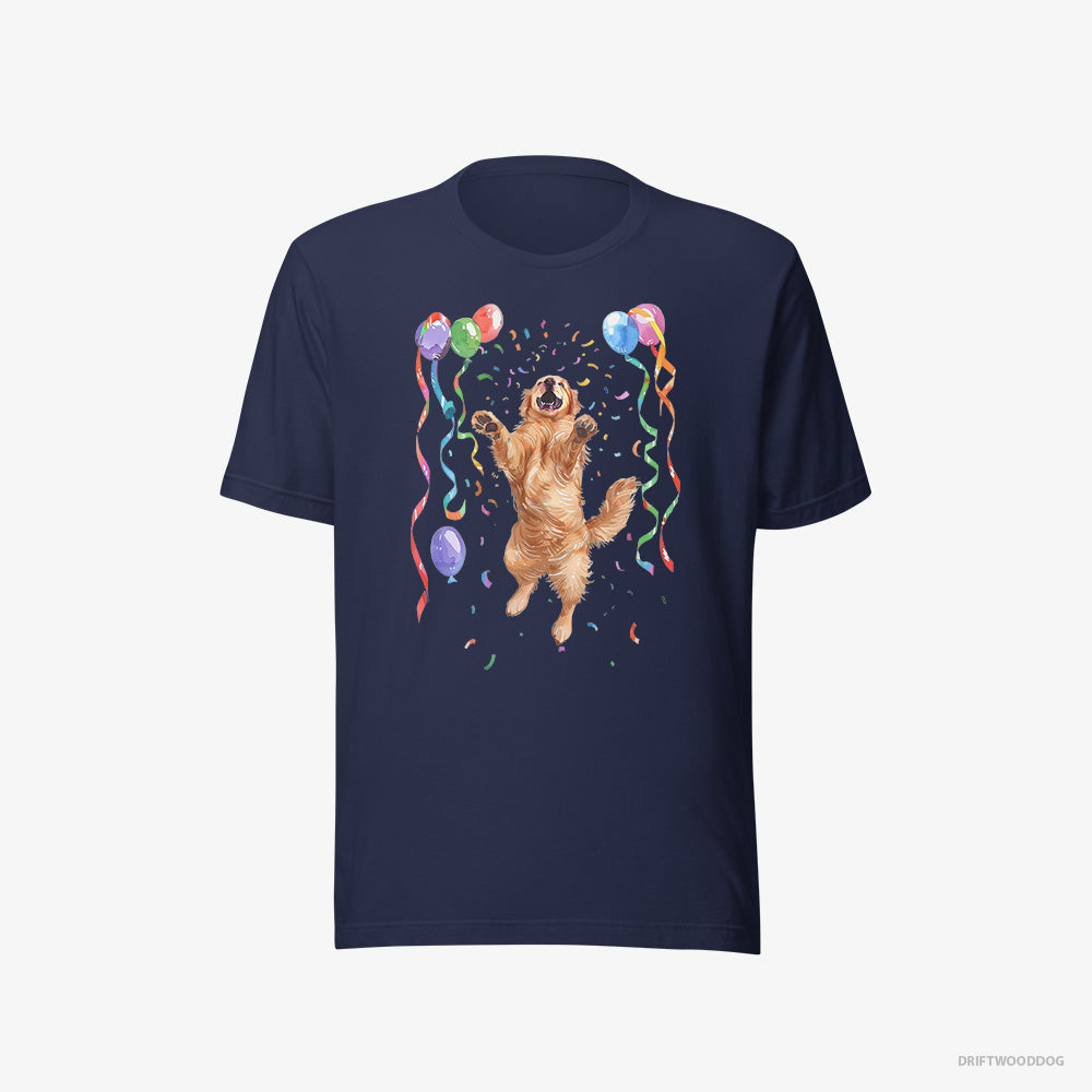 Golden Retriever T-Shirt – Women Navy T-Shirt Eco-Friendly – Jumping with Balloons (on White Background)