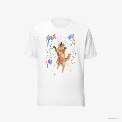 Golden Retriever T-Shirt – Men White T-Shirt Eco-Friendly – Jumping with Balloons (on White Background)