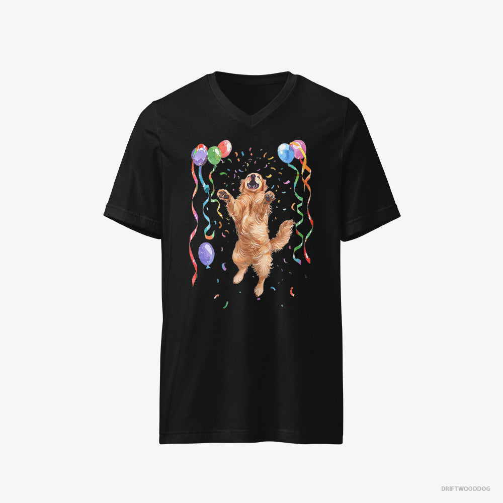 Golden Retriever T-Shirt – Men Black T-Shirt V-Neck – Jumping with Balloons (on White Background)