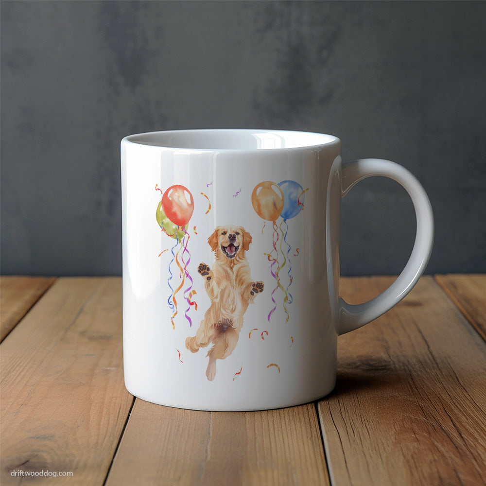 Little Golden Retriever Jumping with Balloons Mug – Unique Dog Cups | Dog-Themed Mugs