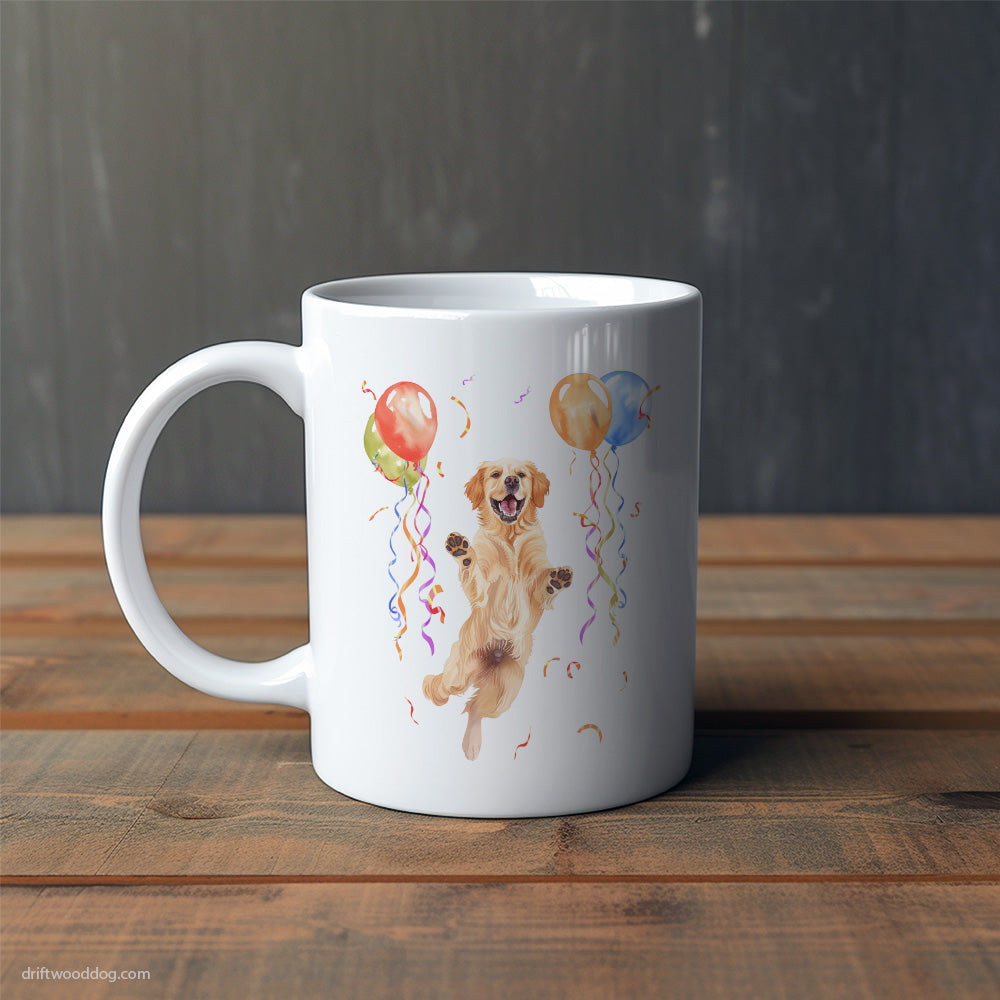 Little Golden Retriever Jumping with Balloons Mug – Cute Dog-Themed Mugs | Perfect Gifts for Dog Lovers