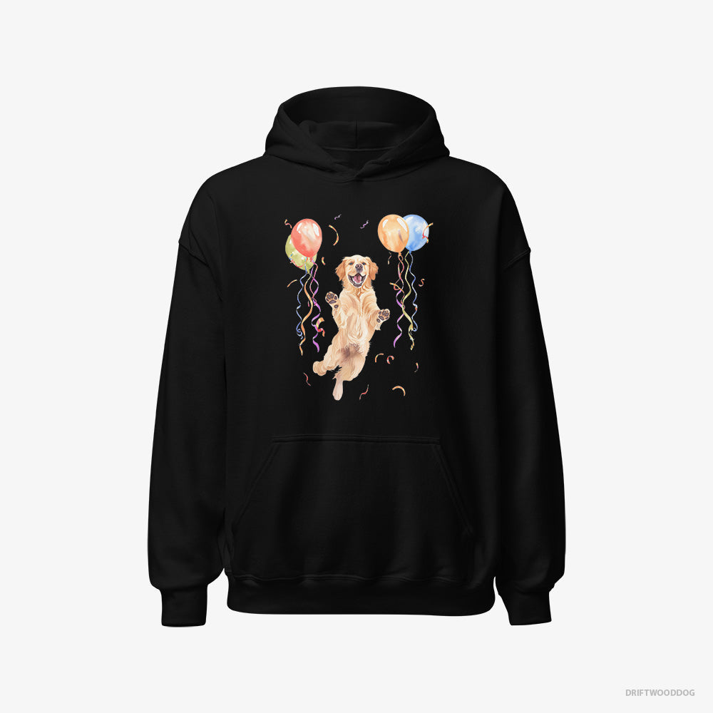 Golden Retriever Hoodie – Men Black Hoodie Classic – Jumping with Balloons (on White Background)