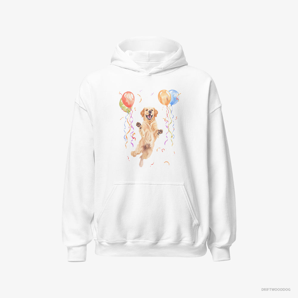 Golden Retriever Hoodie – Men White Hoodie Classic – Jumping with Balloons (on White Background)