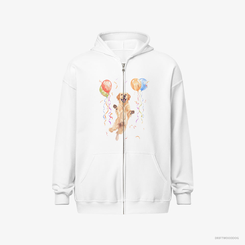 Golden Retriever Hoodie – Men White Hoodie Full-Zip – Jumping with Balloons (on White Background)