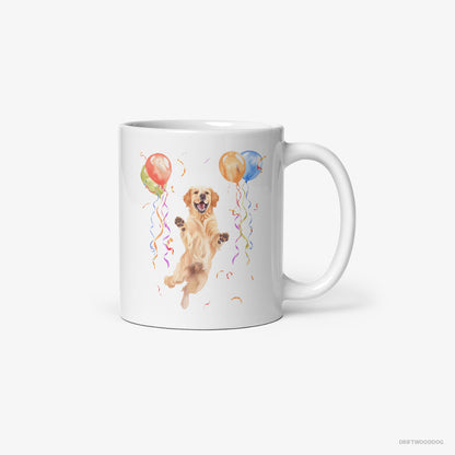 Golden Retriever Jumping with Balloons White Mug