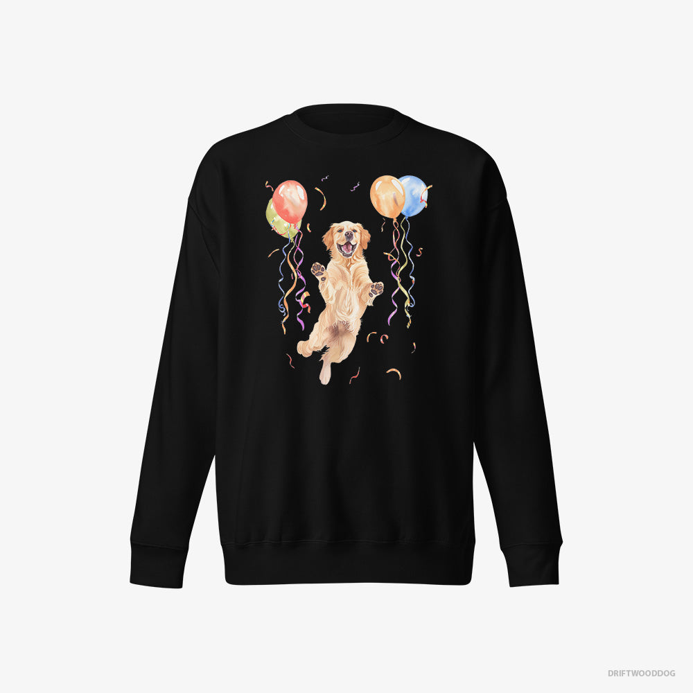 Golden Retriever Sweatshirt – Women Black Sweatshirt Eco-Friendly – Jumping with Balloons (on White Background)