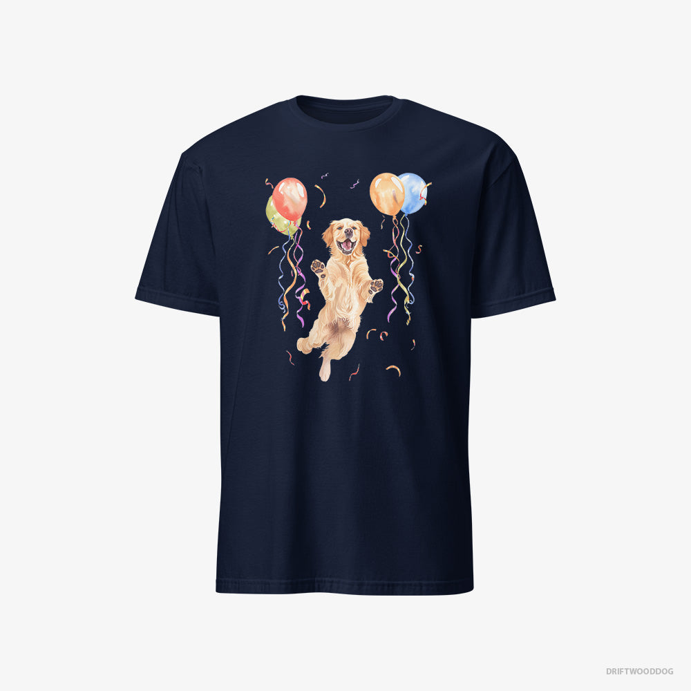 Golden Retriever T-Shirt – Men Navy T-Shirt Classic – Jumping with Balloons (on White Background)