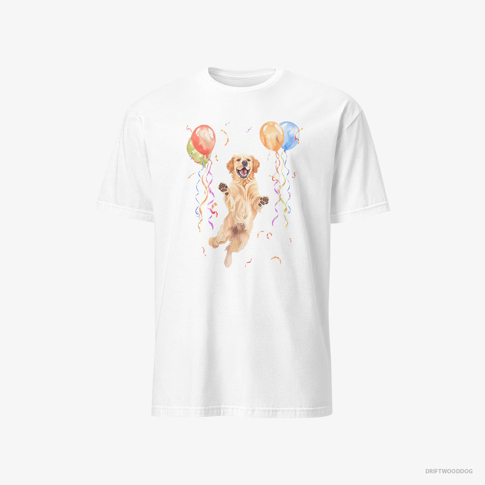 Golden Retriever T-Shirt – Men White T-Shirt Classic – Jumping with Balloons (on White Background)