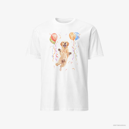 Golden Retriever T-Shirt – Men White T-Shirt Classic – Jumping with Balloons (on White Background)