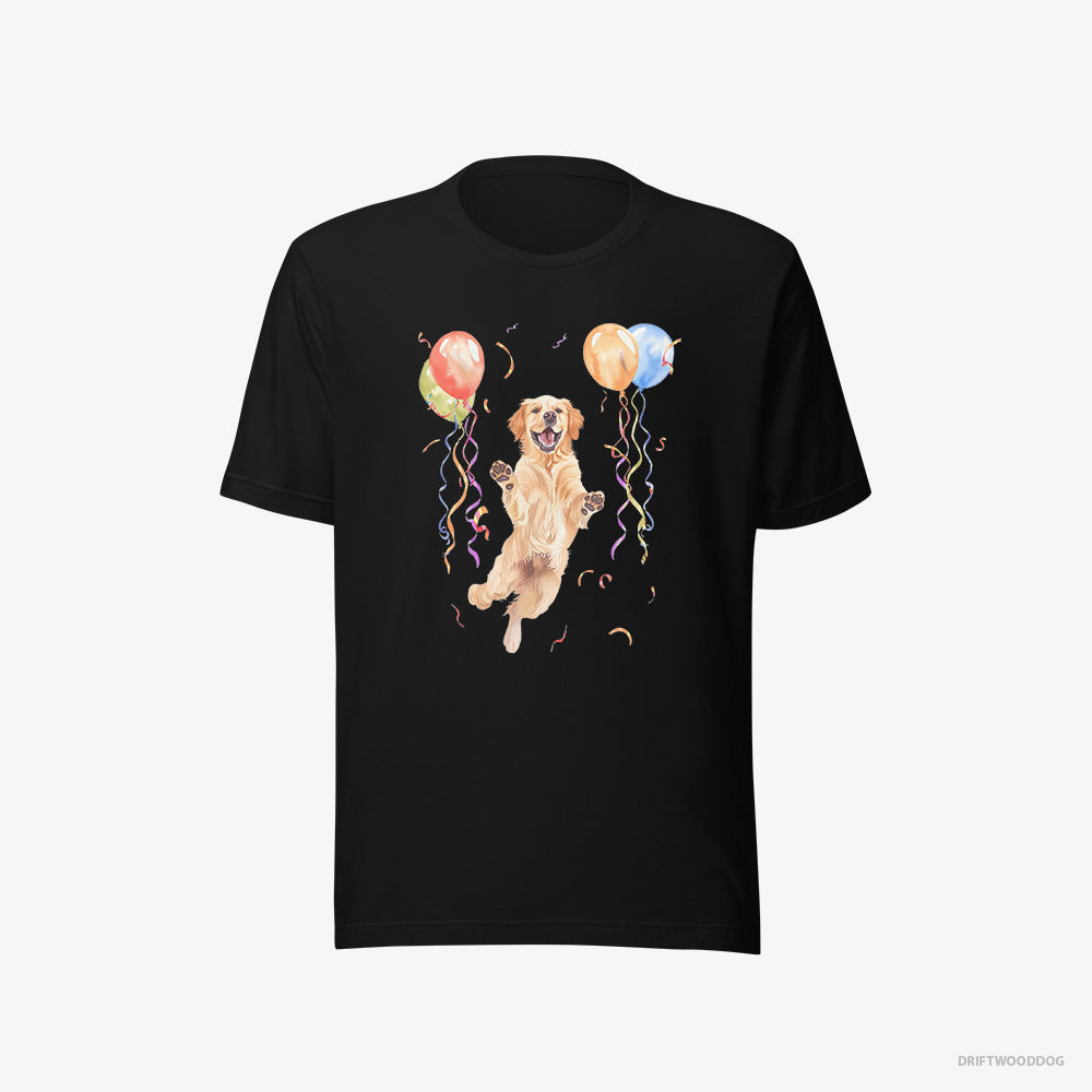 Golden Retriever T-Shirt – Women Black T-Shirt Eco-Friendly – Jumping with Balloons (on White Background)