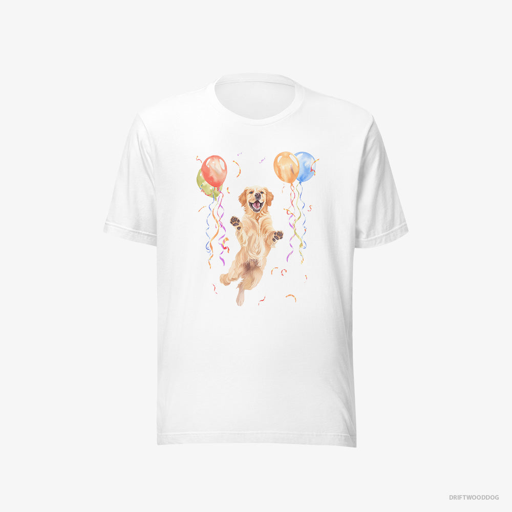 Golden Retriever T-Shirt – Women White T-Shirt Eco-Friendly – Jumping with Balloons (on White Background)