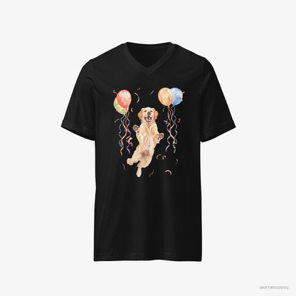 Golden Retriever T-Shirt – Men Black T-Shirt V-Neck – Jumping with Balloons (on White Background)