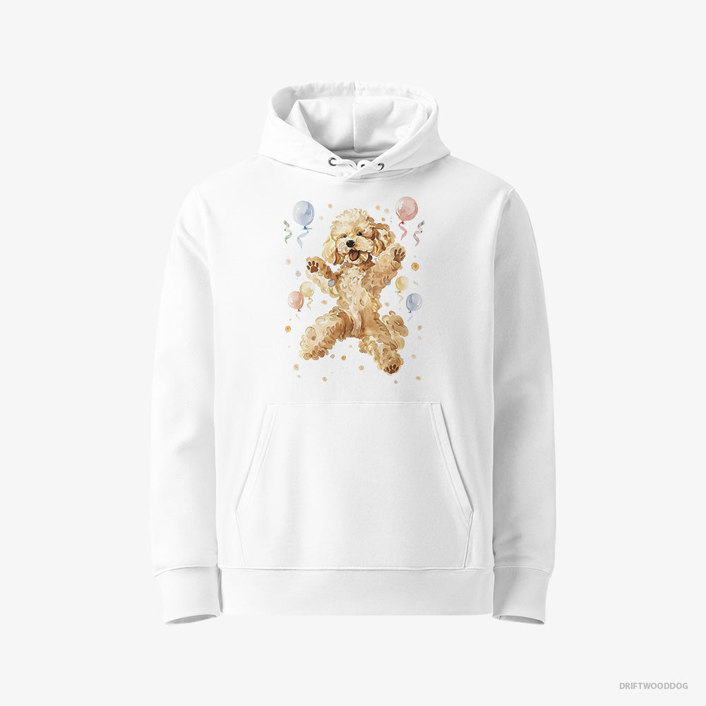 Poodle Hoodie – Women White Hoodie Eco-Friendly – Jumping with Balloons (on White Background)