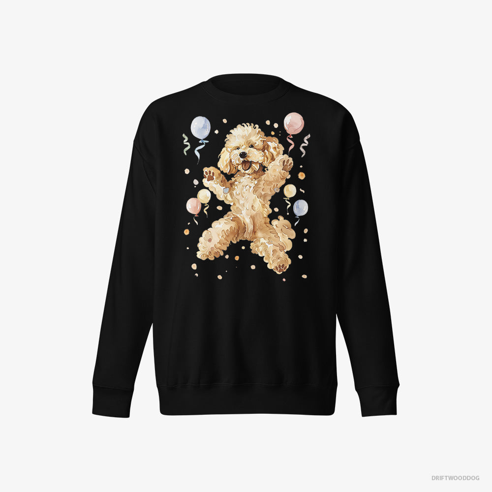 Poodle Sweatshirt – Women Black Sweatshirt Eco-Friendly – Jumping with Balloons (on White Background)