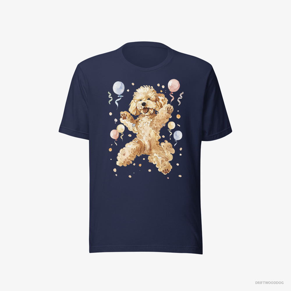 Poodle T-Shirt – Women Navy T-Shirt Eco-Friendly – Jumping with Balloons (on White Background)