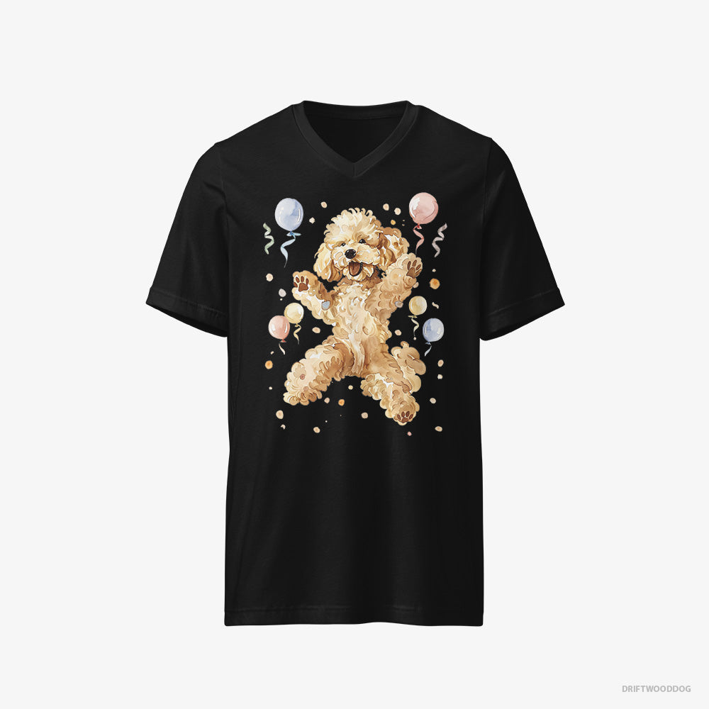 Poodle T-Shirt – Men Black T-Shirt V-Neck – Jumping with Balloons (on White Background)