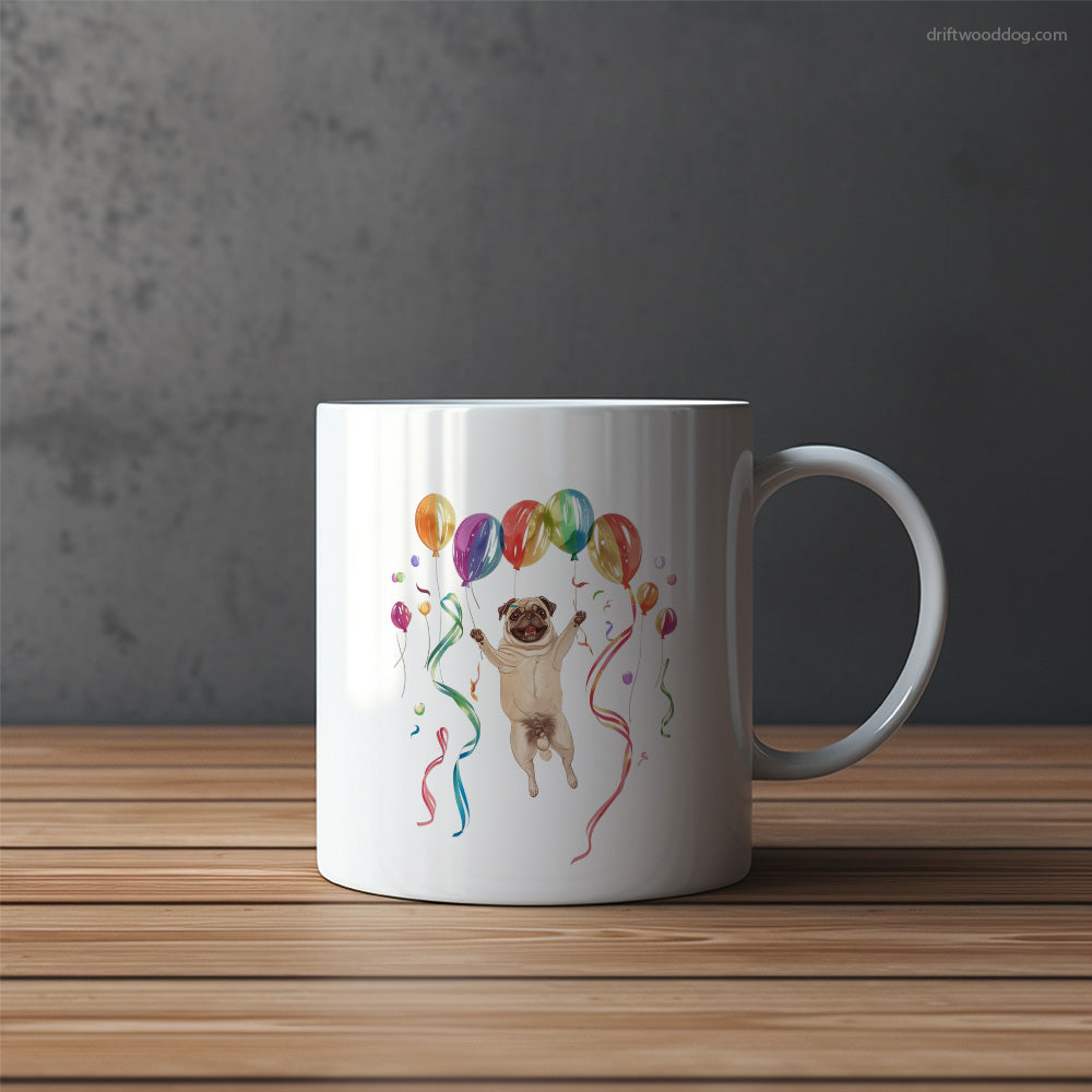 Pug Jumping with Balloons Mug – Funny Dog Coffee Mugs | Quirky Canine Drinkware