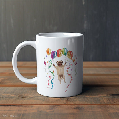 Pug Jumping with Balloons Mug – Cute Dog-Themed Mugs | Perfect Gifts for Dog Lovers