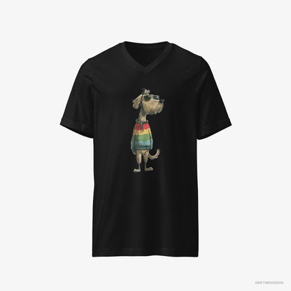 Poodle T-Shirt – Men Black T-Shirt V-Neck – Wearing Rainbow Outfit (on White Background)