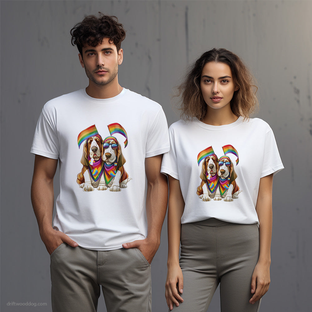 Basset Hound Couple Celebrating Pride T-Shirt – Unisex T-Shirt for Dog Lovers 