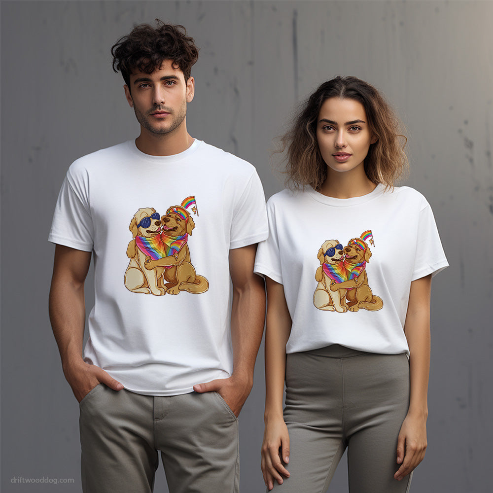 Little Golden Retriever Couple Hugging at Pride T-Shirt – Unisex T-Shirt for Dog Lovers 