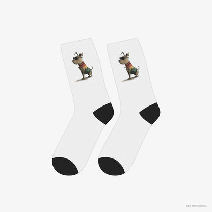 Yorkshire Terrier Socks – Unisex White Socks Classic – Clad in Rainbow Apparel (on White Background)