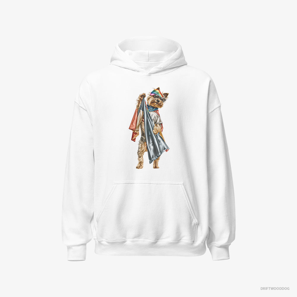 Yorkshire Terrier Hoodie – Women White Hoodie Classic – Waving LGBTQ+ Flag (on White Background)