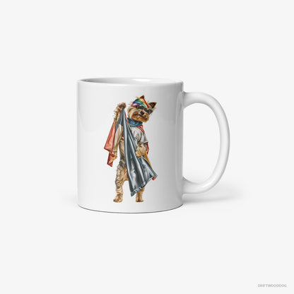 Yorkshire Terrier Waving LGBTQ+ Flag White Mug