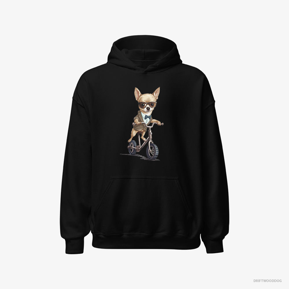 Chihuahua Hoodie – Men Black Hoodie Classic – Riding a Bicycle (on White Background)