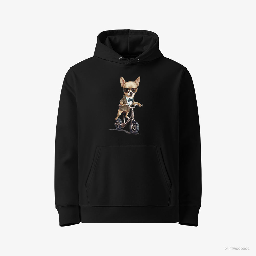 Chihuahua Hoodie – Women Black Hoodie Eco-Friendly – Riding a Bicycle (on White Background)