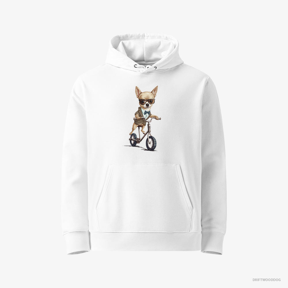 Chihuahua Hoodie – Men White Hoodie Eco-Friendly – Riding a Bicycle (on White Background)