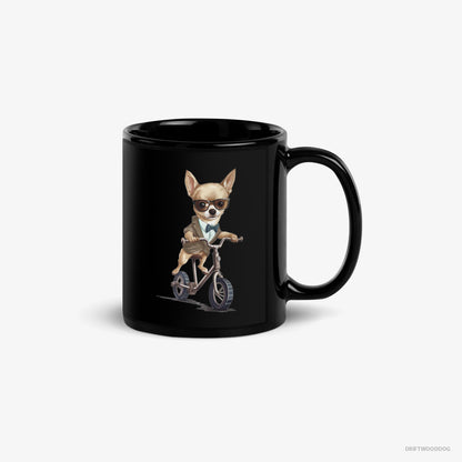 Chihuahua Mug – Unisex Black Mug Classic – Riding a Bicycle (on White Background)