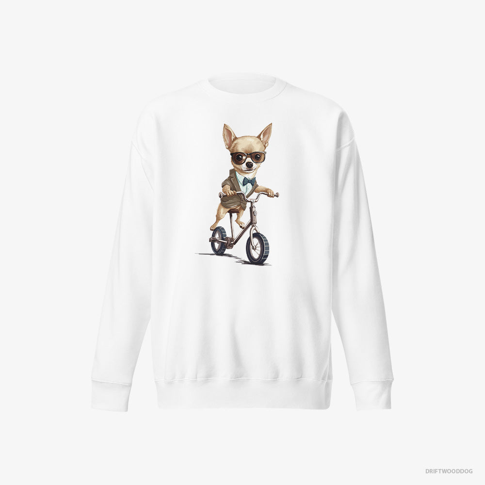 Chihuahua Sweatshirt – Women White Sweatshirt Eco-Friendly – Riding a Bicycle (on White Background)