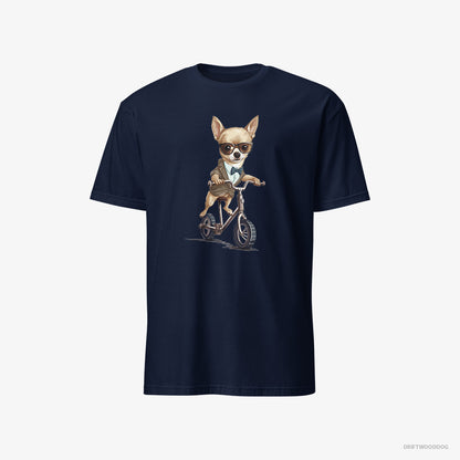 Chihuahua T-Shirt – Men Navy T-Shirt Classic – Riding a Bicycle (on White Background)