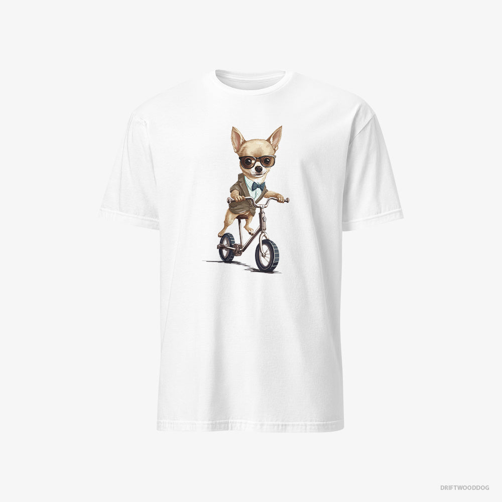 Chihuahua T-Shirt – Men White T-Shirt Classic – Riding a Bicycle (on White Background)