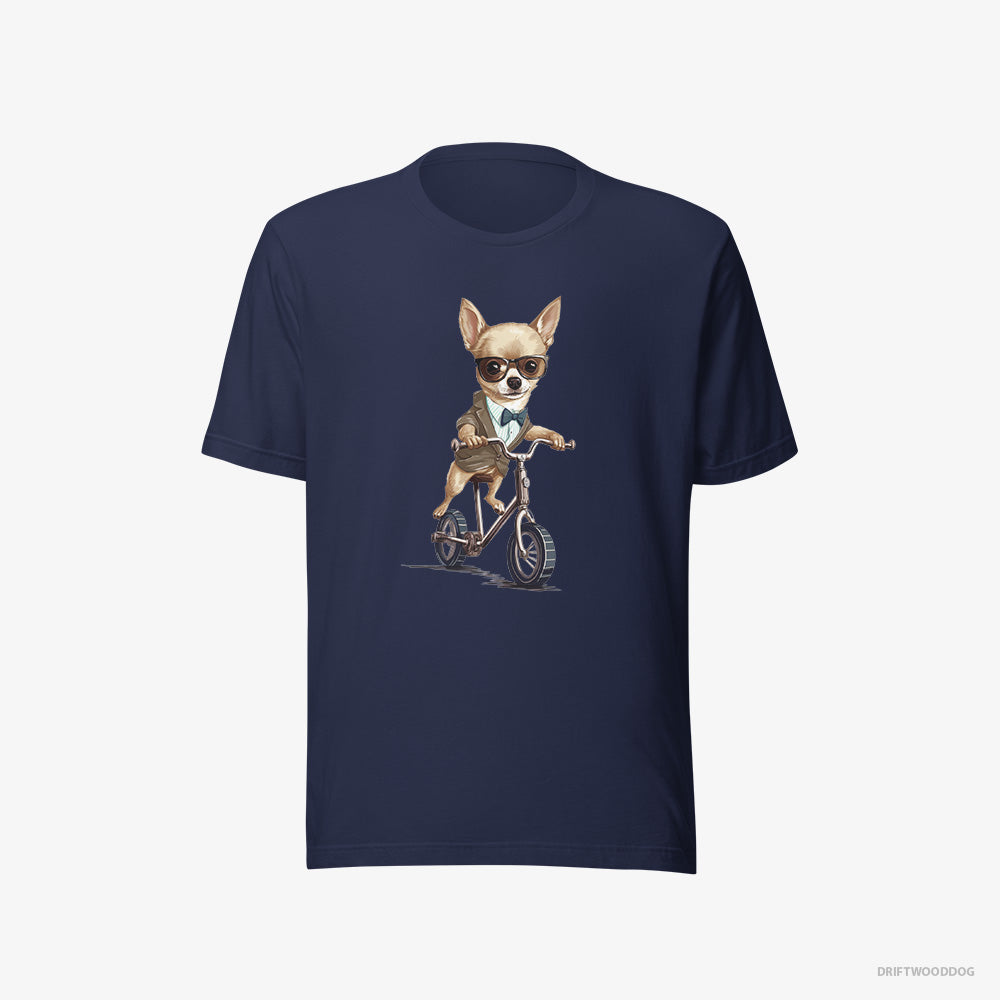 Chihuahua T-Shirt – Women Navy T-Shirt Eco-Friendly – Riding a Bicycle (on White Background)