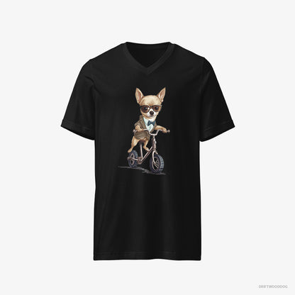 Chihuahua T-Shirt – Men Black T-Shirt V-Neck – Riding a Bicycle (on White Background)