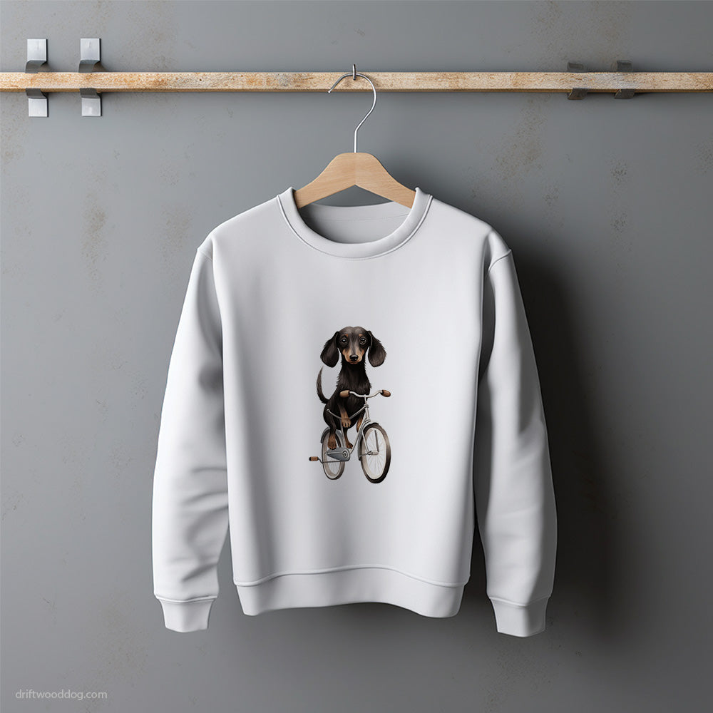 Black Dachshund Riding a Bicycle Sweatshirt – Unisex Sweatshirt for Dog Lovers