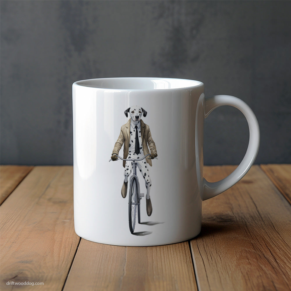 Dalmatian Riding a Bicycle Mug – Unique Dog Cups | Dog-Themed Mugs