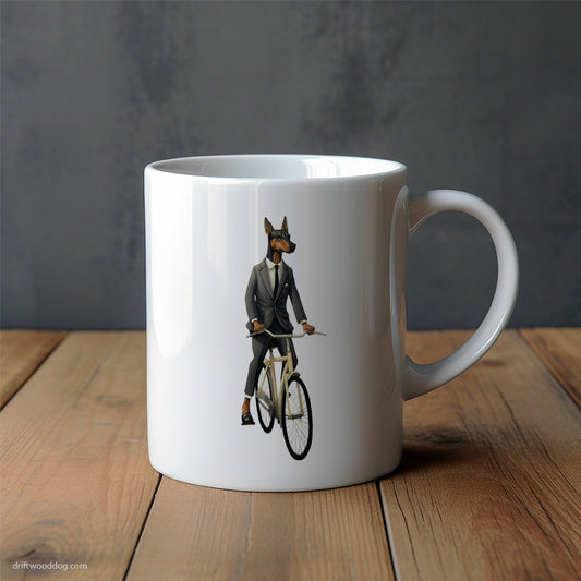 Dobermann Riding a Bicycle Mug – Unique Dog Cups | Dog-Themed Mugs