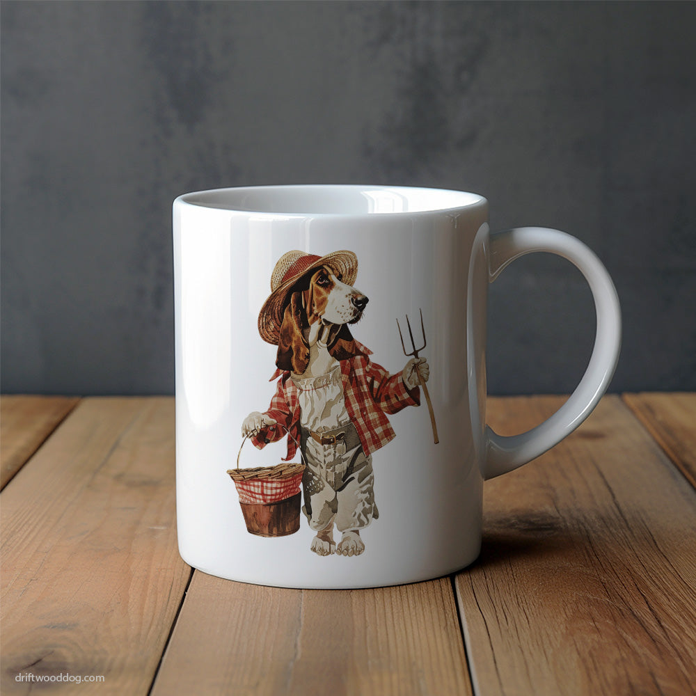 Cute Basset Hound Dressed in Farmer's Clothes Mug – Unique Dog Cups | Dog-Themed Mugs