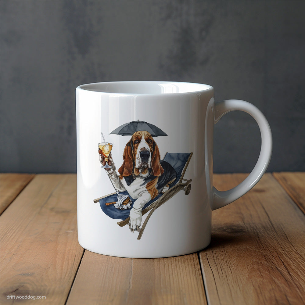 Basset Hound Lying on a Sun Lounger with a Cocktail Mug – Unique Dog Cups | Dog-Themed Mugs