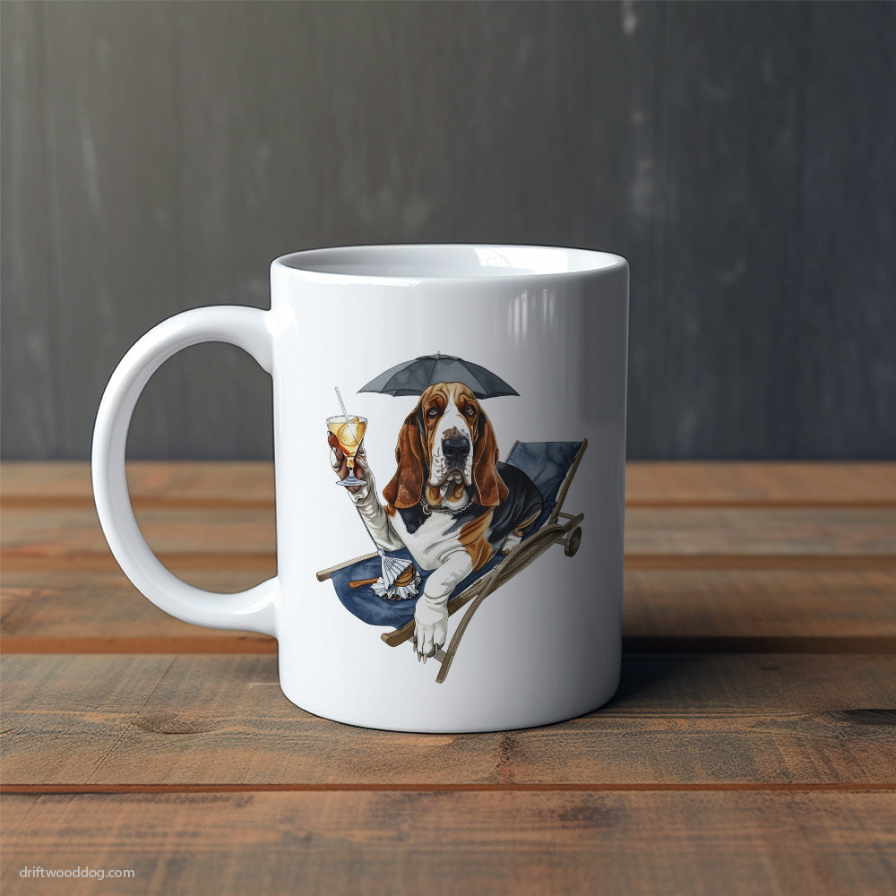 Basset Hound Lying on a Sun Lounger with a Cocktail Mug – Cute Dog-Themed Mugs | Perfect Gifts for Dog Lovers