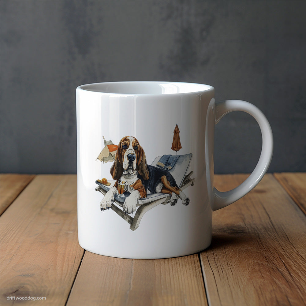 Basset Hound Relaxing on a Sunbed Mug – Unique Dog Cups | Dog-Themed Mugs