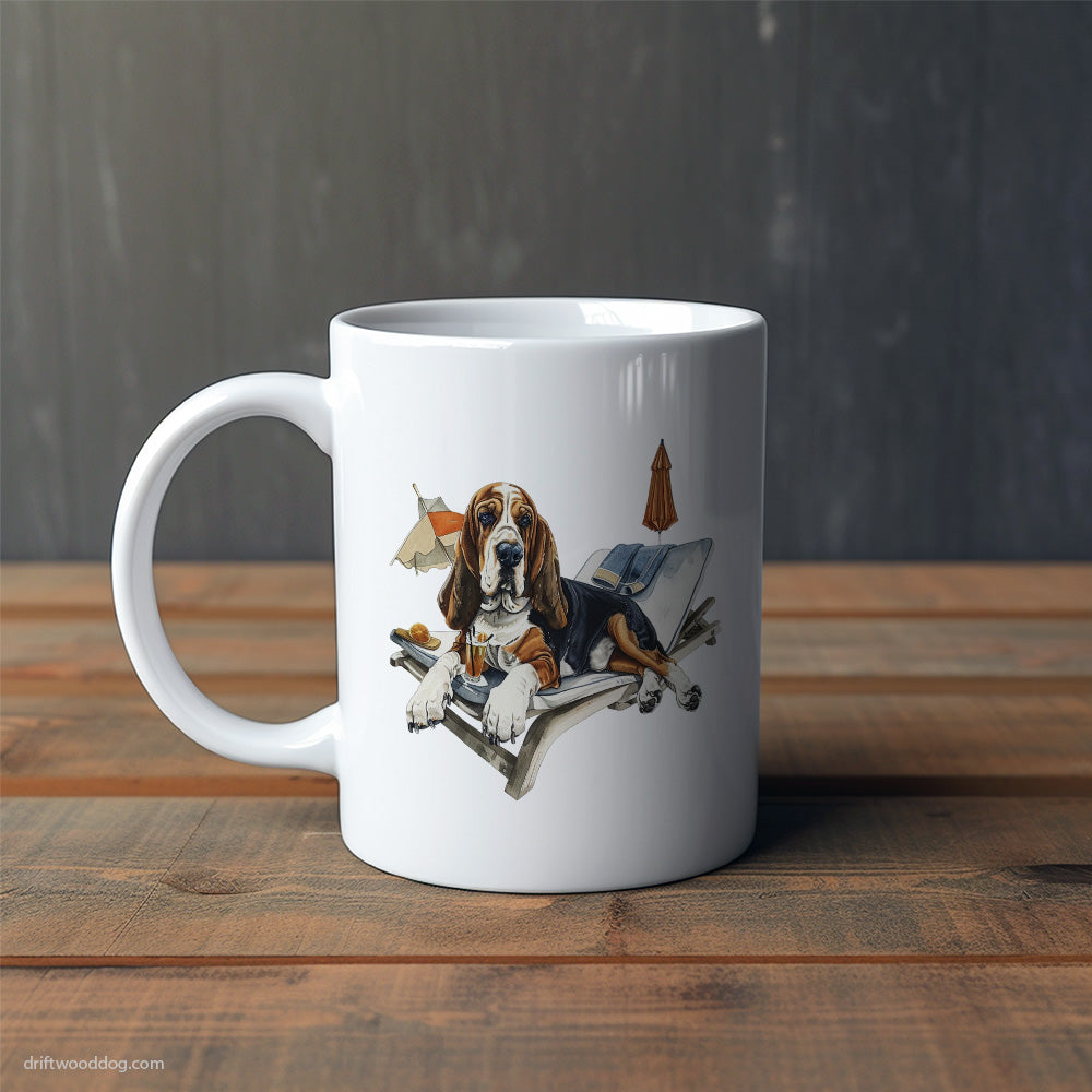 Basset Hound Relaxing on a Sunbed Mug – Cute Dog-Themed Mugs | Perfect Gifts for Dog Lovers