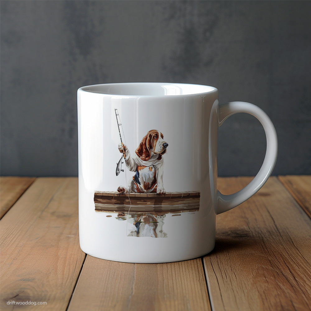 Basset Hound with a Fishing Rod Mug – Unique Dog Cups | Dog-Themed Mugs