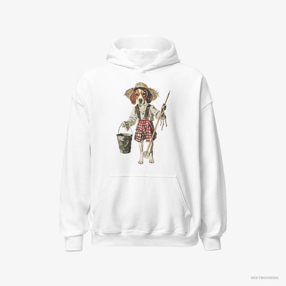 Beagle Hoodie – Men White Hoodie Classic – Dressed as a Farmer (on White Background)