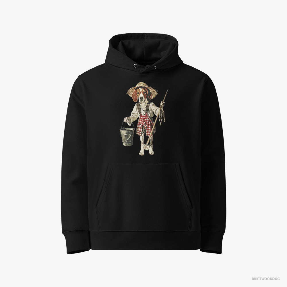 Beagle Hoodie – Women Black Hoodie Eco-Friendly – Dressed as a Farmer (on White Background)