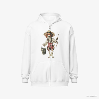 Beagle Hoodie – Men White Hoodie Full-Zip – Dressed as a Farmer (on White Background)